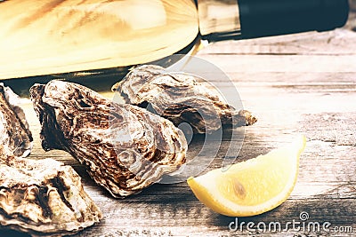 Fresh oysters with white wine bottle. Food background Stock Photo