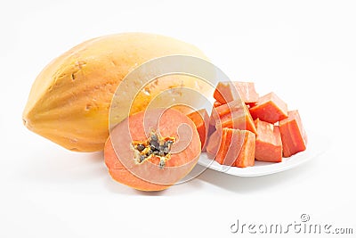 Fresh papaya slice with papaya on dish isolated Stock Photo