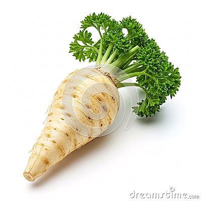 Fresh parsnip with parsley leaves isolated on white background. Parsnip root with greens close-up Stock Photo