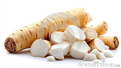 Fresh Parsnip Root and Slices on White Background Stock Photo