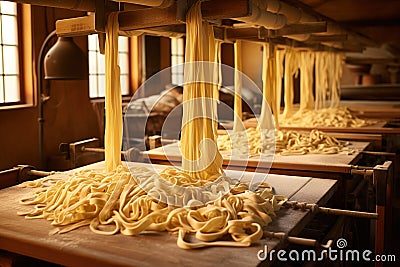 Fresh pasta drying on equipment. Generative AI Stock Photo