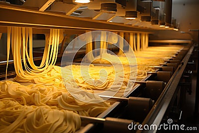 Fresh pasta drying on equipment. Generative AI Stock Photo