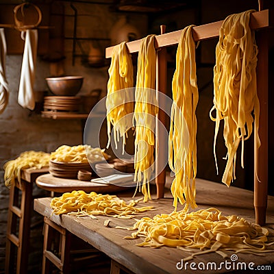 Fresh pasta drying. Fresh Homemade Pasta Drying on Wooden Racks in Rustic Kitchen. Egg Pasta Hanging to Dry in a Traditional Stock Photo