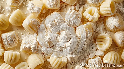 Fresh pasta and flour dusting on a wooden board. Italian cooking and food preparation concept Stock Photo