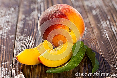 Fresh peaches, Peach close up fruit background, peach on wood ba Stock Photo