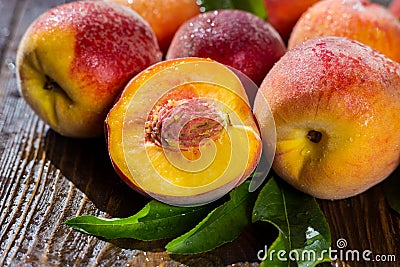 Fresh peaches, Peach close up fruit background, peach on wood ba Stock Photo