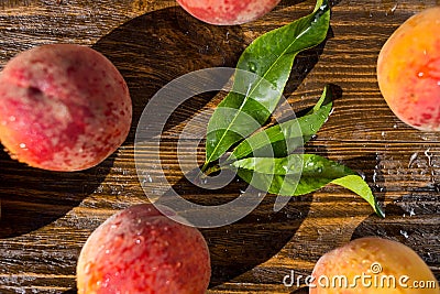 Fresh peaches, Peach close up fruit background, peach on wood ba Stock Photo