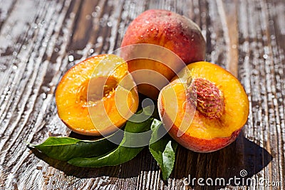 Fresh peaches, Peach close up fruit background, peach on wood ba Stock Photo