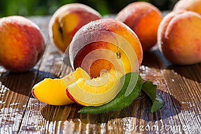 Fresh peaches, Peach close up fruit background, peach on wood ba Stock Photo