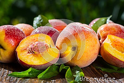 Fresh peaches, Peach close up fruit background, peach on wood ba Stock Photo