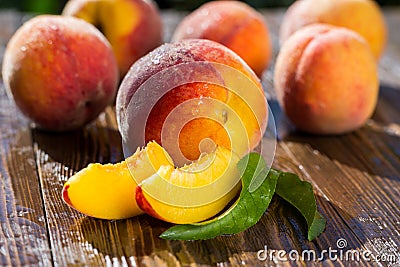 Fresh peaches, Peach close up fruit background, peach on wood ba Stock Photo