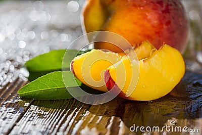 Fresh peaches, Peach close up fruit background, peach on wood ba Stock Photo