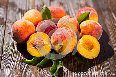 Fresh peaches, Peach close up fruit background, peach on wood ba Stock Photo