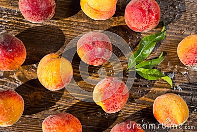 Fresh peaches, Peach close up fruit background, peach on wood ba Stock Photo