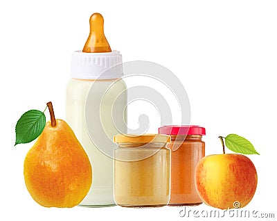 Fresh pear, apple, baby food and and milk bottle isolated Stock Photo