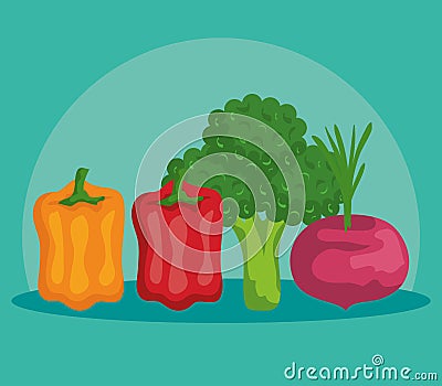 fresh peppers with broccoli and onion vegetables Cartoon Illustration