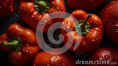 Fresh peppers with water drops on dark background, top view. AI Generative Stock Photo