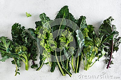 Fresh picked greens from the garden, collards, kale, broccoli Stock Photo