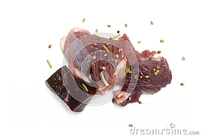 Fresh Pile of beef cube and beef liver isolated on white background Stock Photo