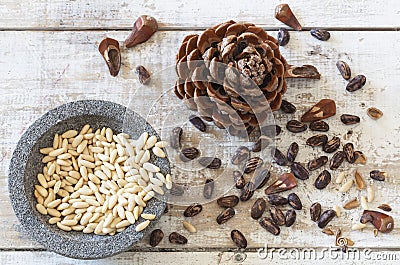 Fresh pine nuts and pinecone Stock Photo