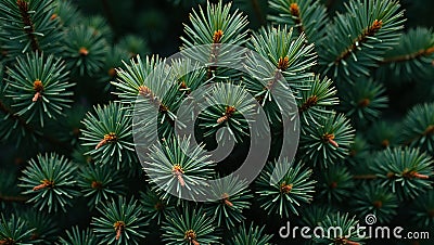 Fresh pine tree needles background with dense layers creating a forest like texture Stock Photo