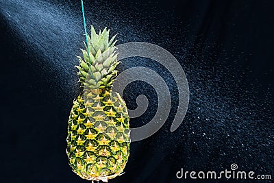 Fresh pineapple gets sprayed with water on black background. Concept of summer, health and fun Stock Photo