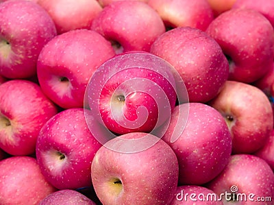 Fresh pink apples sale on the market or in the supermarket. Stock Photo