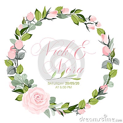 Fresh pink floral garden watercolor wreath Vector Illustration