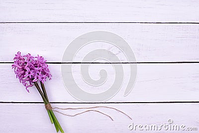 Fresh pink flowers hyacinths on white wooden table. Top view, copy space. Stock Photo