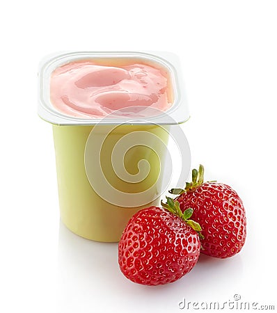 Fresh pink strawberry yogurt in plastic pot Stock Photo