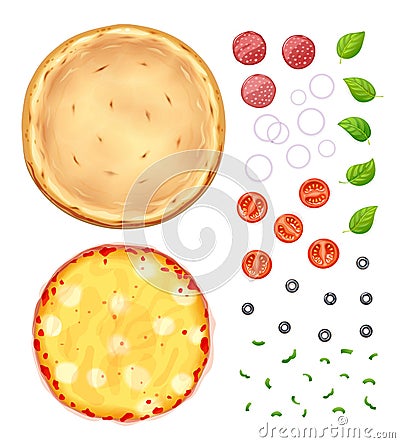 Fresh pizza with tomato, cheese, olive, sausage, onion Vector Illustration