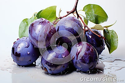 Fresh plum fruit with green leaf on white background Stock Photo