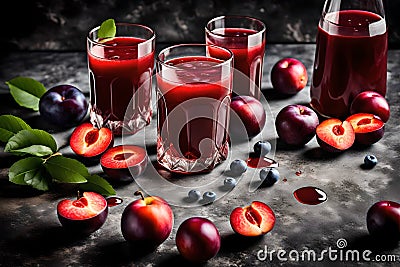 Fresh plum juice on concrete background Stock Photo