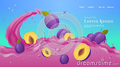 Fresh plum juice liquid splash realistic splashes healthy fruits splashing waves horizontal copy space Vector Illustration