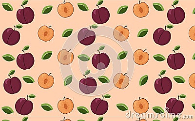 Fresh plum whole and half seamless pattern Vector Illustration