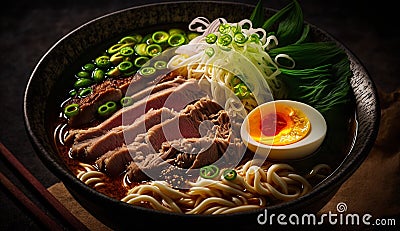 Fresh pork ramen noodles in dark crockery bowl ,generative AI Stock Photo