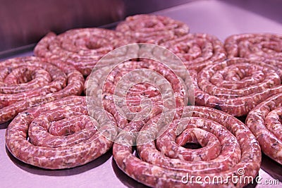 Fresh pork sausages tasty twisted spiral for bbq Stock Photo
