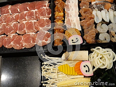 Fresh pork slices put on plate and various dishes Asian style picture for Asian food background Stock Photo