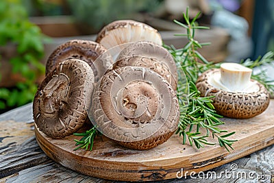 Fresh Portobello Mushrooms on Wooden Cutting Board with Rosemary Herbs in Rustic Outdoor Setting Stock Photo