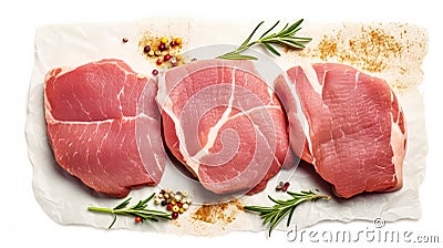 Fresh possibilities, Raw pork steaks presented on parchment Stock Photo