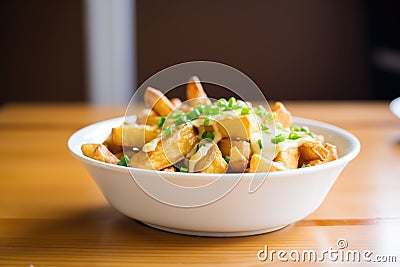 fresh poutine in a white bowl, cheese curds melting Stock Photo