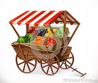 Fresh produce market. Cart with fruits and vegetables, vector icon Vector Illustration