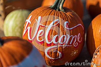 Fresh pumpkin with Welcome inscription Stock Photo