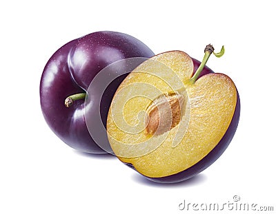 Fresh purple plum and half isolated on white background Stock Photo