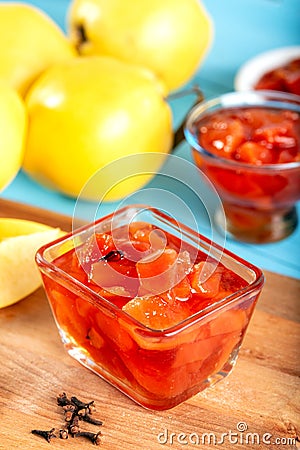 Fresh quince jam, background Stock Photo