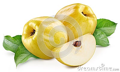 Fresh quince with leaves isolated Stock Photo