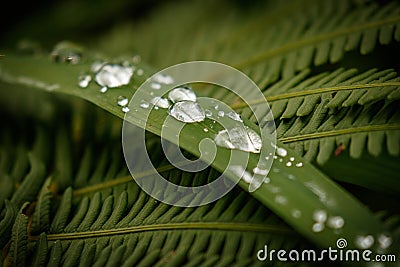 Fresh Rain drops on the grass and fern leaves Stock Photo