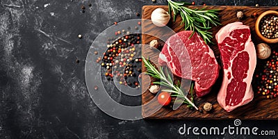 fresh raw beef steak on wooden board Stock Photo