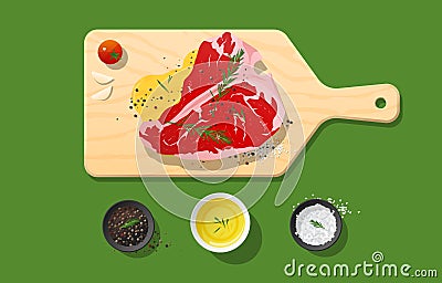 Fresh raw beef, t-bone steak and spices on wooden cutting board, food preparation Vector Illustration