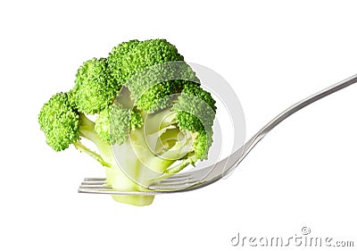 Fresh raw broccoli on fork isolated Stock Photo